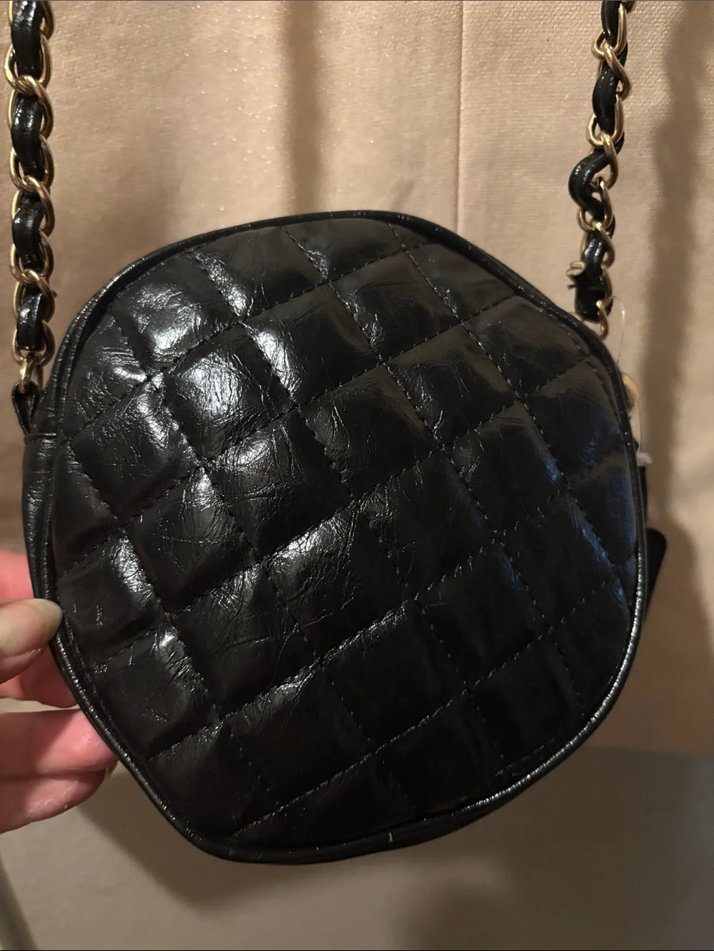 Vintage Black Quilted Round Crossbody Bag